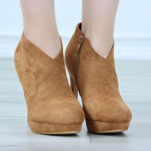 Tan High Heel Ankle Boots Platform Stilettos Faux Suede - Picture 12 of 13